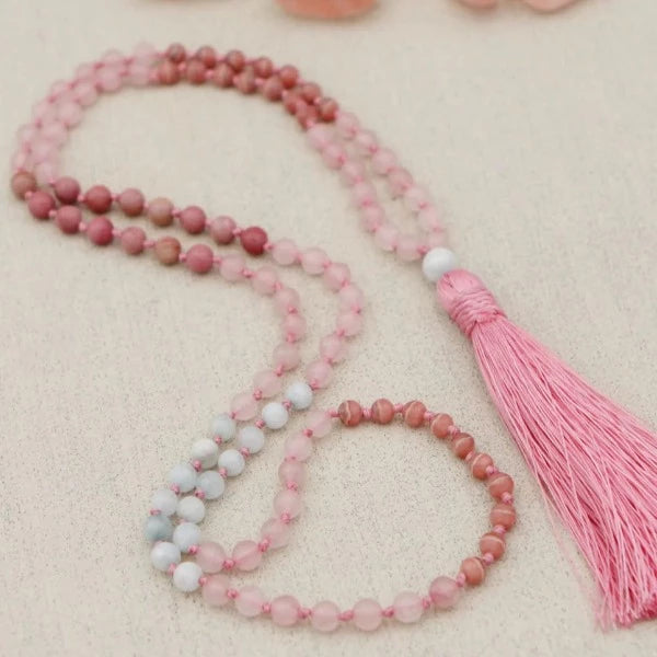 Gemstone Mala with Rose Quartz, Rhodonite, and Chalcedony