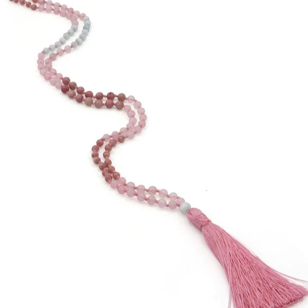 Gemstone Mala with Rose Quartz, Rhodonite, and Chalcedony